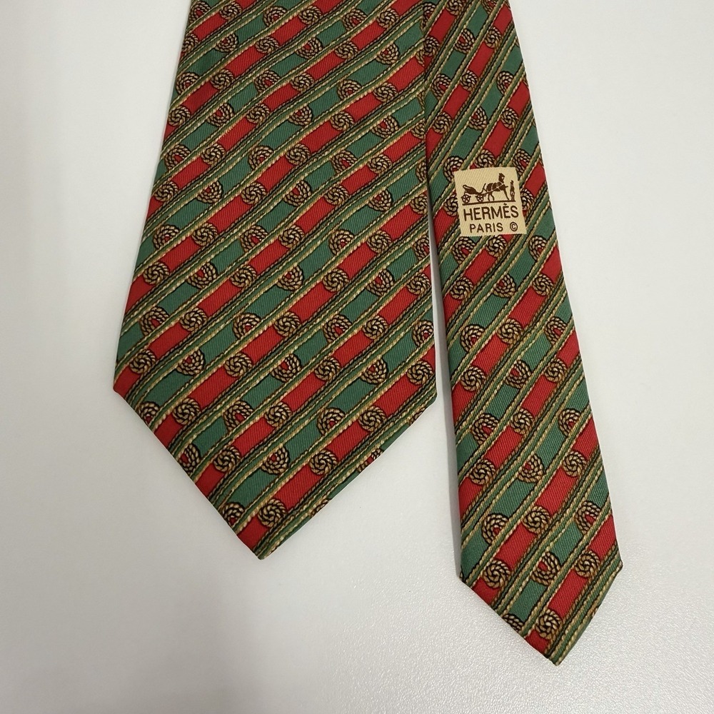 Hermes 100% Silk Tie 7678 TA Red Green and Gold